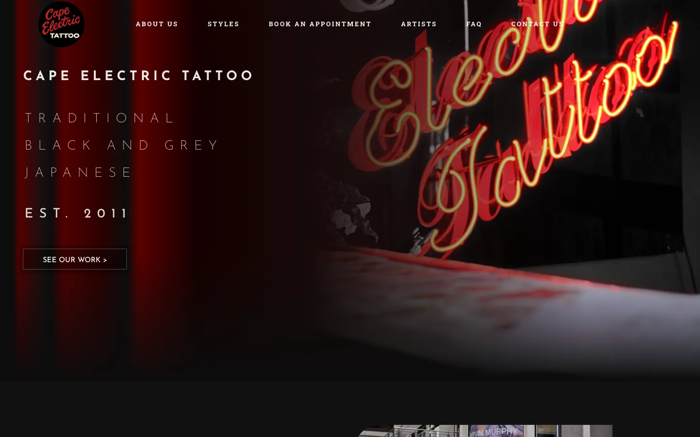 capeelectrictattoo.com, a tattoo studio site with a neon shopfront sign